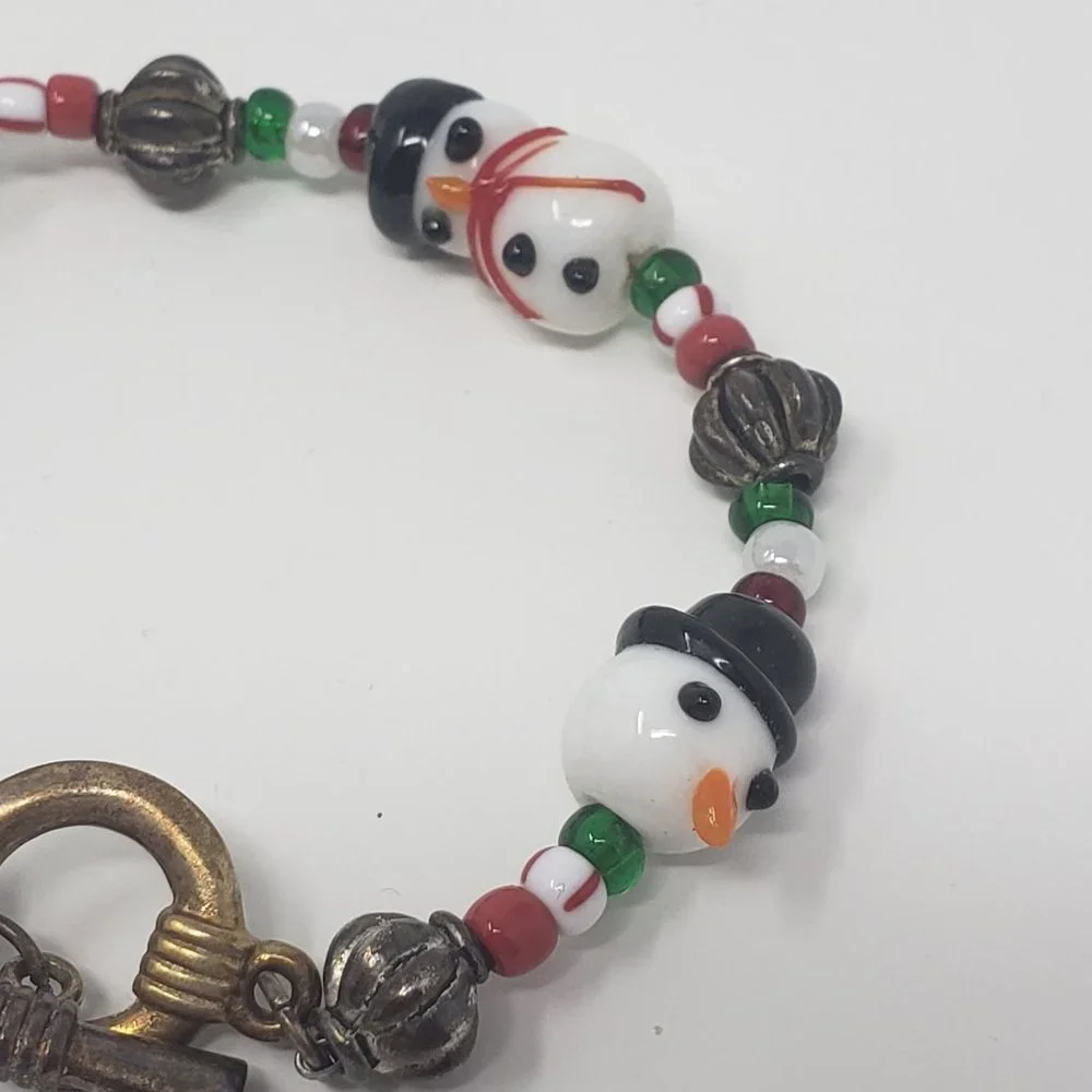 Christmas Art Glass Bead Bracelet Snowman Tree